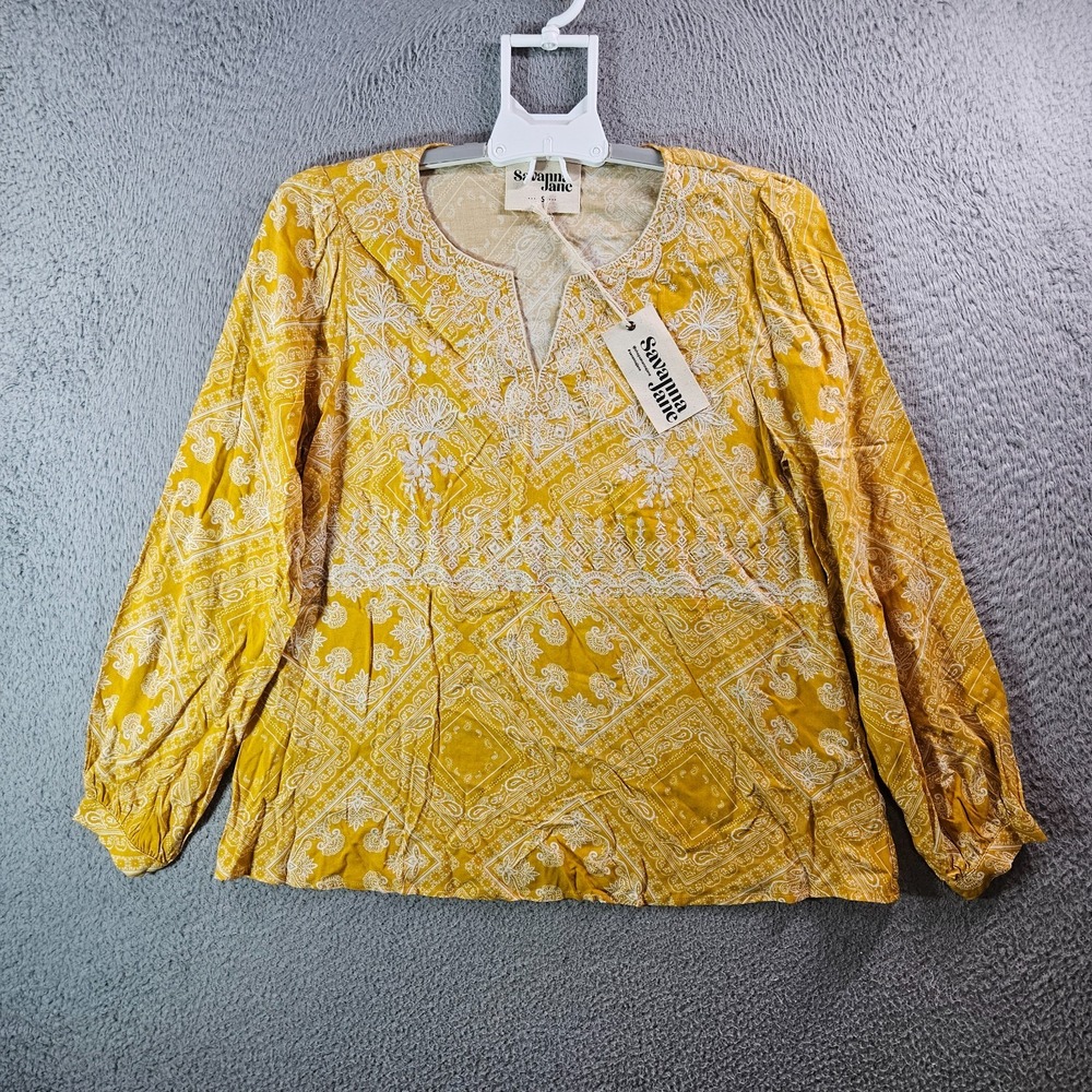 NEW Savanna Jane Embroidered Top Blouse Women Small Paisley White Yellow Mustard